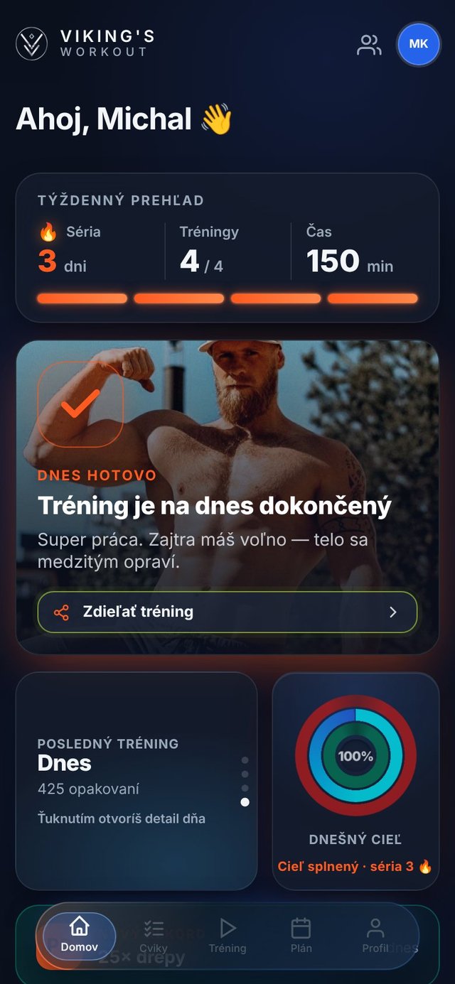 Domovská obrazovka aplikácie Viking's Workout